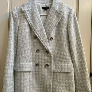 Ann Taylor double breasted blazer. Soft green and ivory tweed with fringed trim